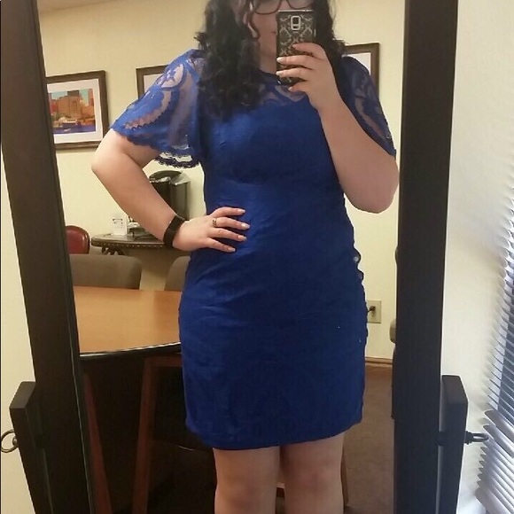 Dress Barn Blue Lace Short Sleeve Dress - Picture 3 of 7